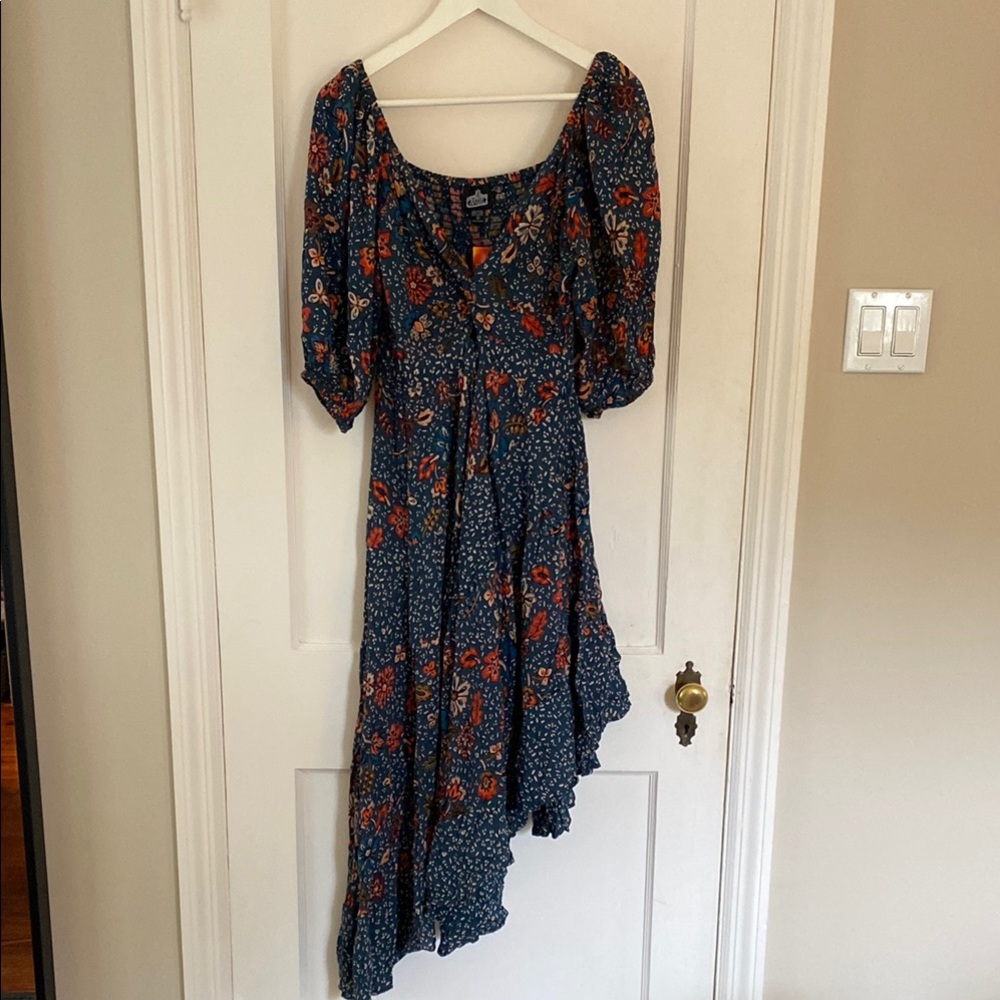 Angie Asymmetrical Red and Blue Sundress with Puff Sleeves-NWT